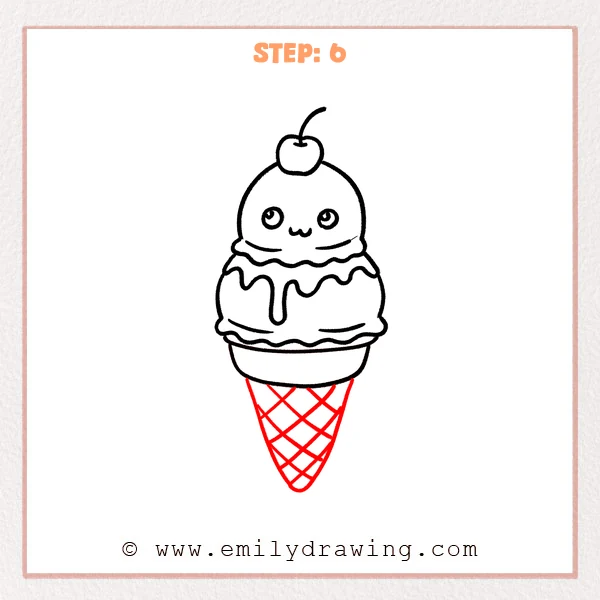 how to draw a cartoon ice cream - A cute cartoon ice cream with a pointed waffle cone added beneath the bowl, filled with a crisscross grid pattern.
